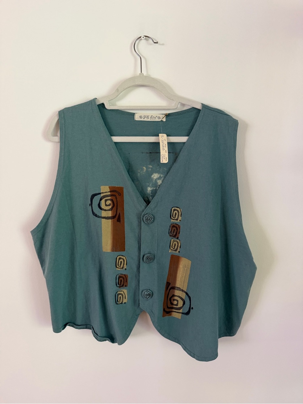 NWT Blue Fish Folk Art Vest Tank Top Mayan Block Handmade Dyed Organic Cotton